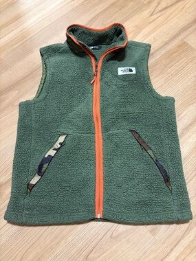 The North Face Sherpa Fleece Vest Green Orange Camo Trim Men’s Large